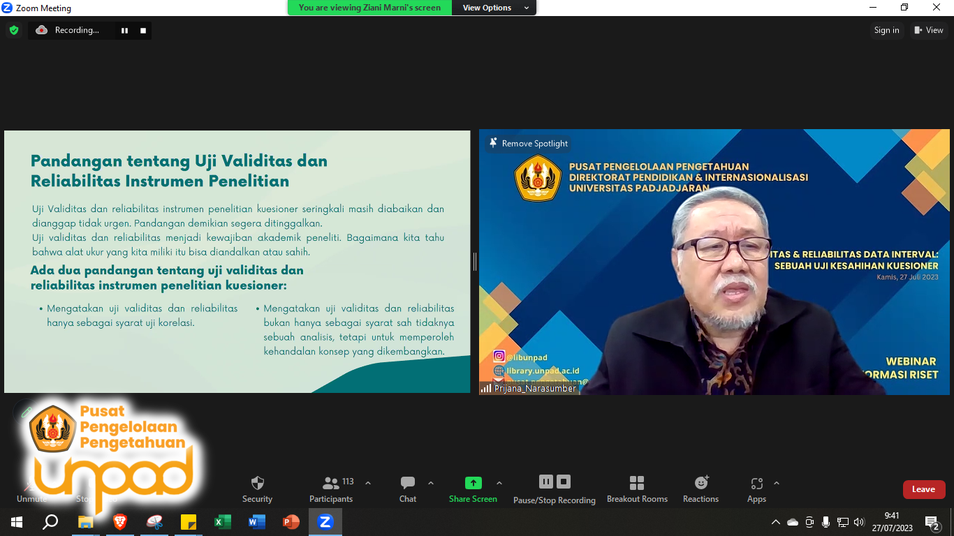Webinar Seri Literasi Informasi Riset : "Uji Validitas dan Reliabilitas Data Interval: Sebuah Uji Kesahihan Kuesioner"